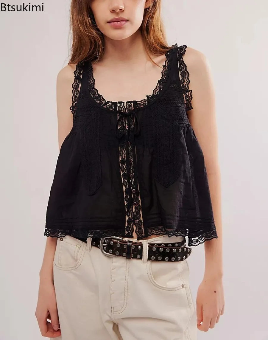 Sleeveless Tank Tops for Women Blouses Summer Boho Beach Wear 100%Cotton Splicing Lace Shirts Loose Casual Ladies Blusas Camis