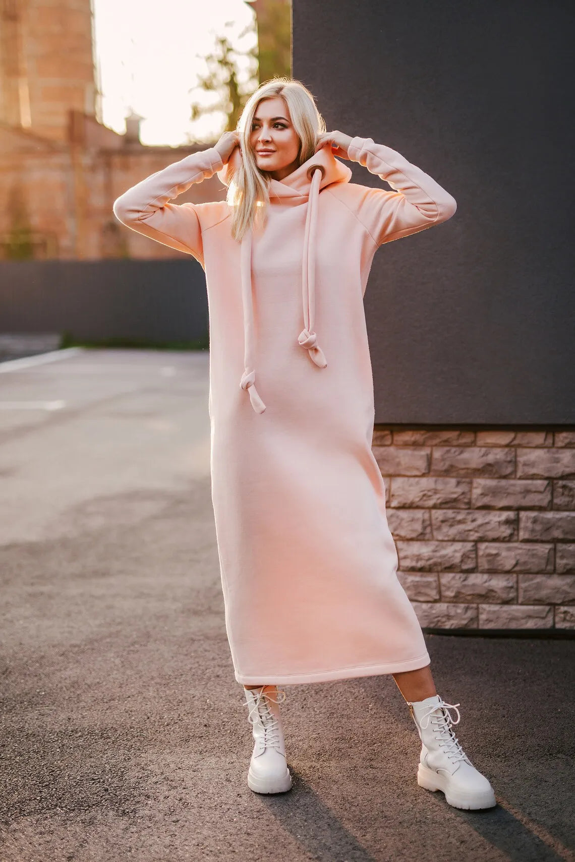 Women Fashion New Loose Large Knitted Hooded Autumn Winter Long Dress Velvet Hoodie Dress Casual Dress Splicing Warm Dress