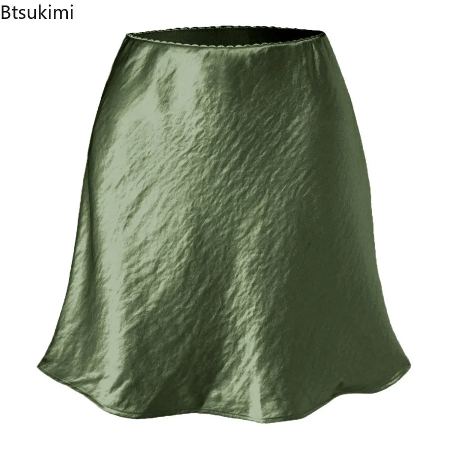Summer Short Skirts for Women Office Wear Solid Color A Line Luxury Mini Satin Skirt Ladies High Waist Simple Women&