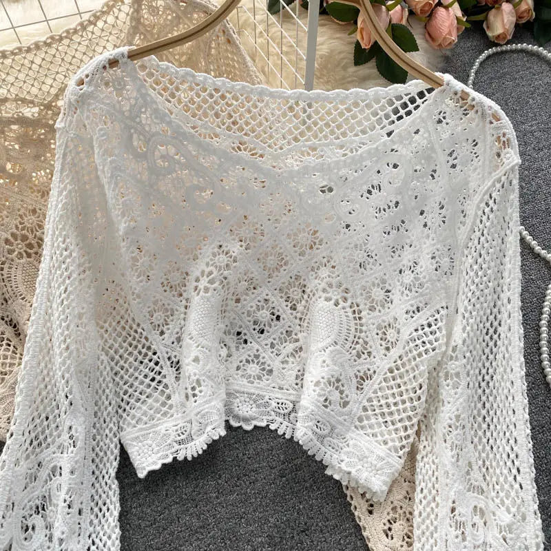 Blouses Women Retro Hollow Out All-match Sweet See-through Leisure Summer Sun-proof Korean Style Female Slim Crop Bohemian Ins
