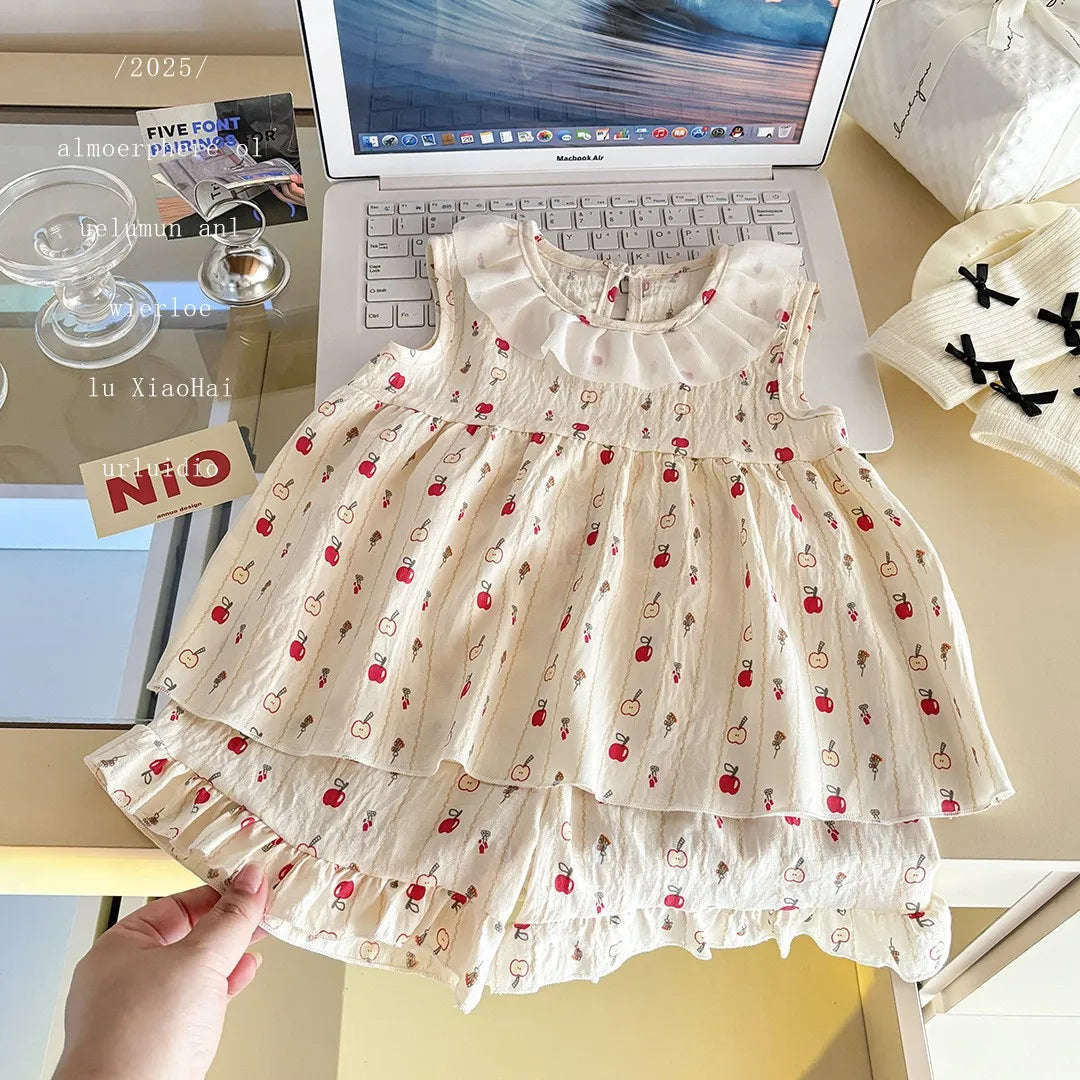 Two-Piece Set Sleeveless Princess Dress with Floral Print, Summer Thin Outfit for Baby Girls Baby Girl Cute Floral Skirt