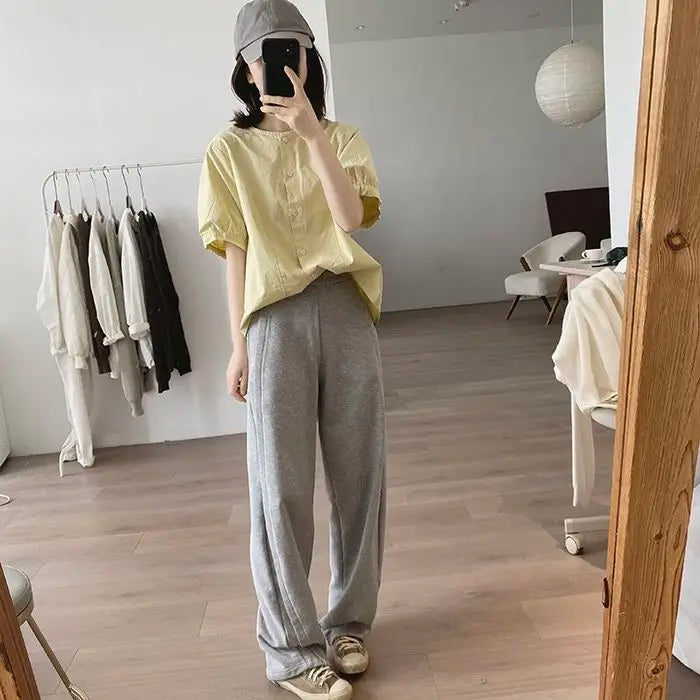 Women Round Neck Blouse Short Sleeve Button Down Loose Casual Solid Color Summer Shirt