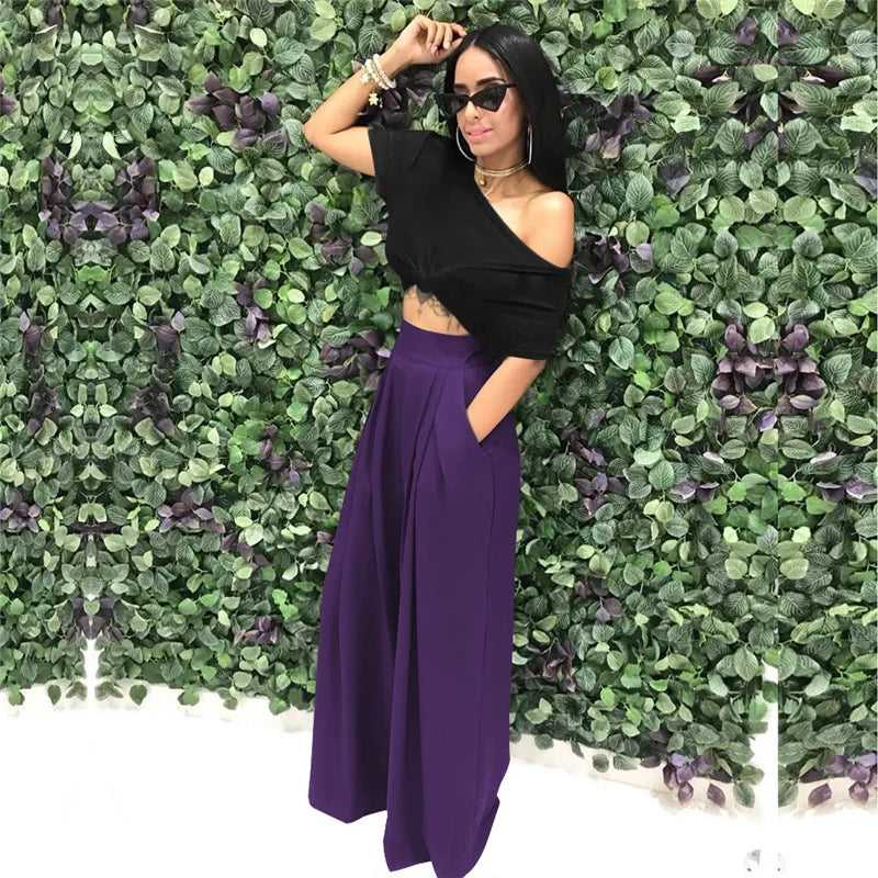 Women Casual Loose Palazzo Pants Autumn High Waisted Wide Leg Trousers Pleated Long Culottes Pants Elastic Waist Trouser Pockets