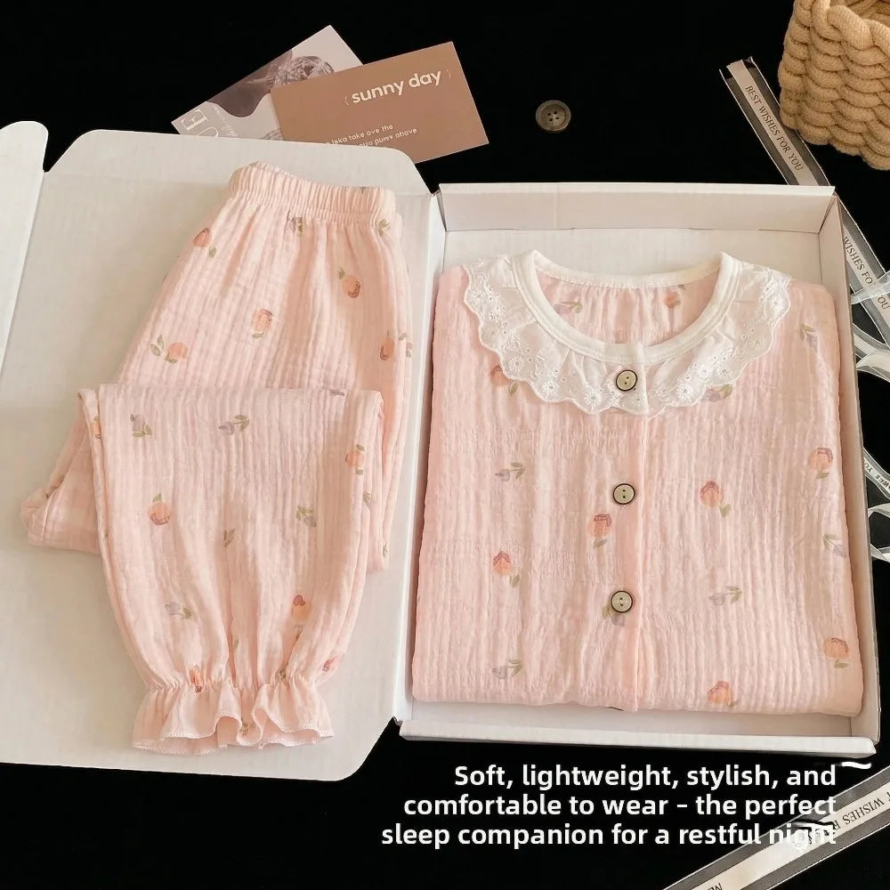 Summer Child Clothing Sets in Air-conditioned Room Girls Breathable Comfortable Long Sleeve Lace Home Clothes Sets Kids Pajamas