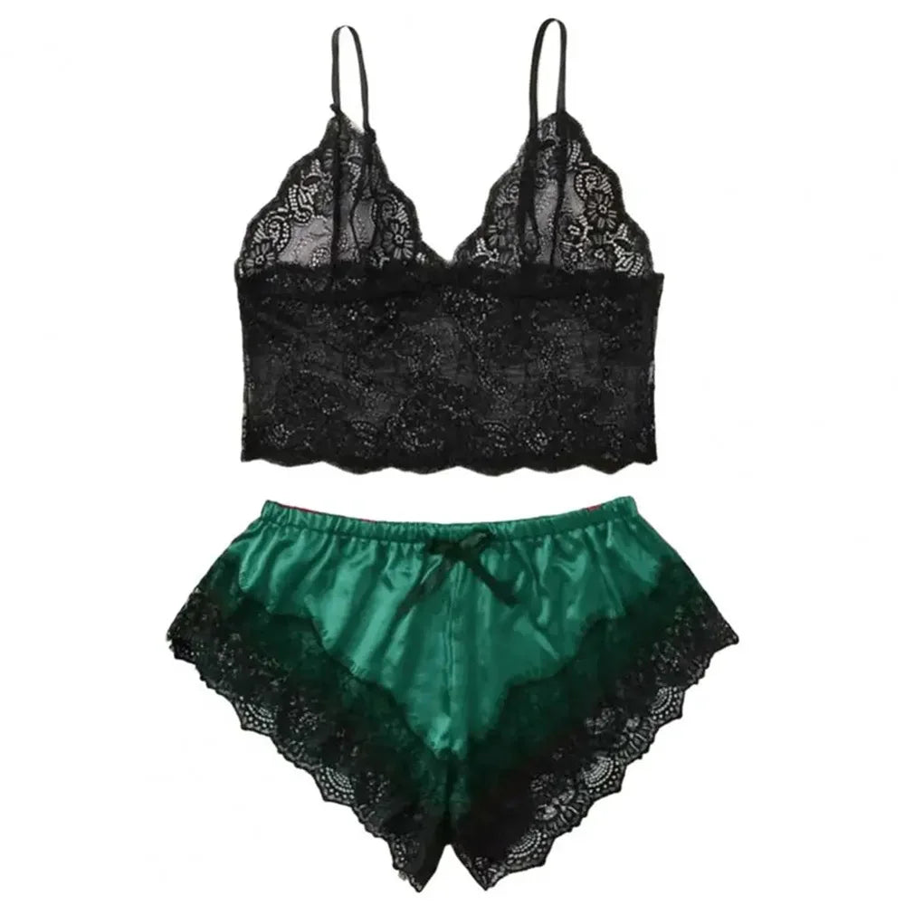 Women Pajamas Set Sexy Satin Lace Sleepwear Lingerie Ladies Elastic Suspender Shorts Nightwear Suits Sleeveless Underwear Tops
