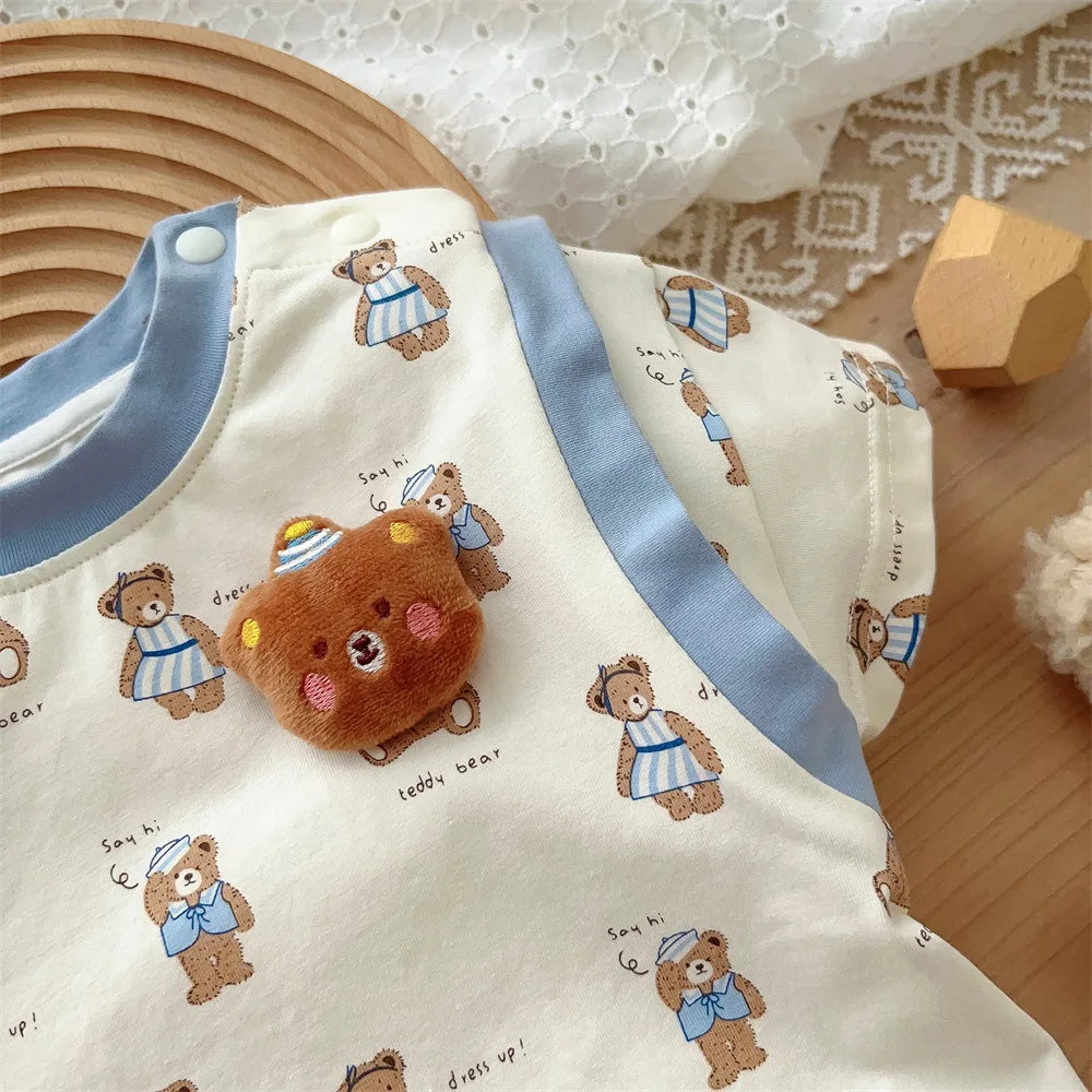 Kids Fashion: Short Sleeve Home Wear Set 2PCS , Thin Style with Cute Bear Prints, A Class Infant Clothing Set for Boys 3M-3Y