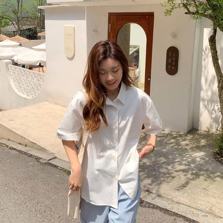 Short Sleeve Shirts Women Solid Cool Unisex College Рубашки Korean Style All-match Basic Mujer De Moda Prevalent Stylish Ins New