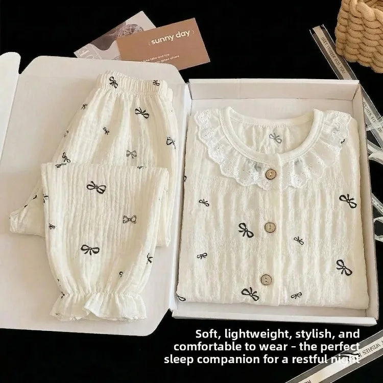 Summer Child Clothing Sets in Air-conditioned Room Girls Breathable Comfortable Long Sleeve Lace Home Clothes Sets Kids Pajamas