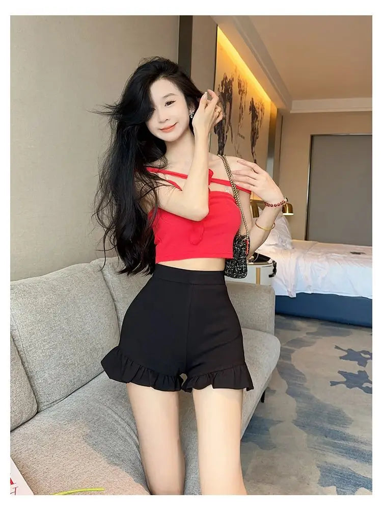 New Black Shorts for Women, Summer Style with High Waist, Slimming and Wide-leg, Casual Three-quarter Pants