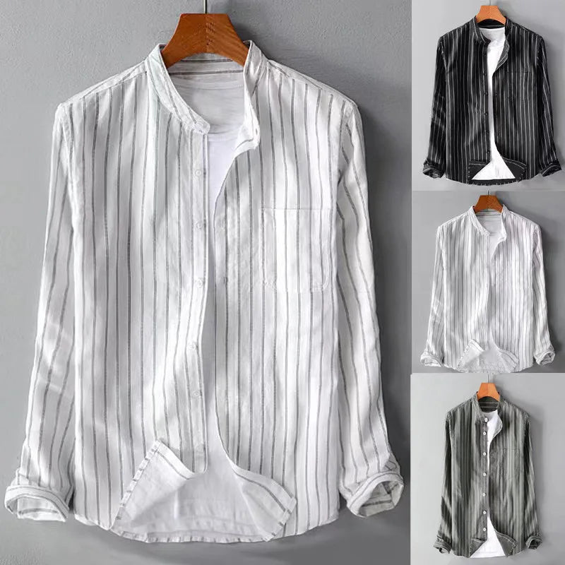 British Style Striped Cotton Linen Shirts For Men Long Sleeve Stand Collar Tops Spring Autumn Fashion Comfort Shirts Streetwear