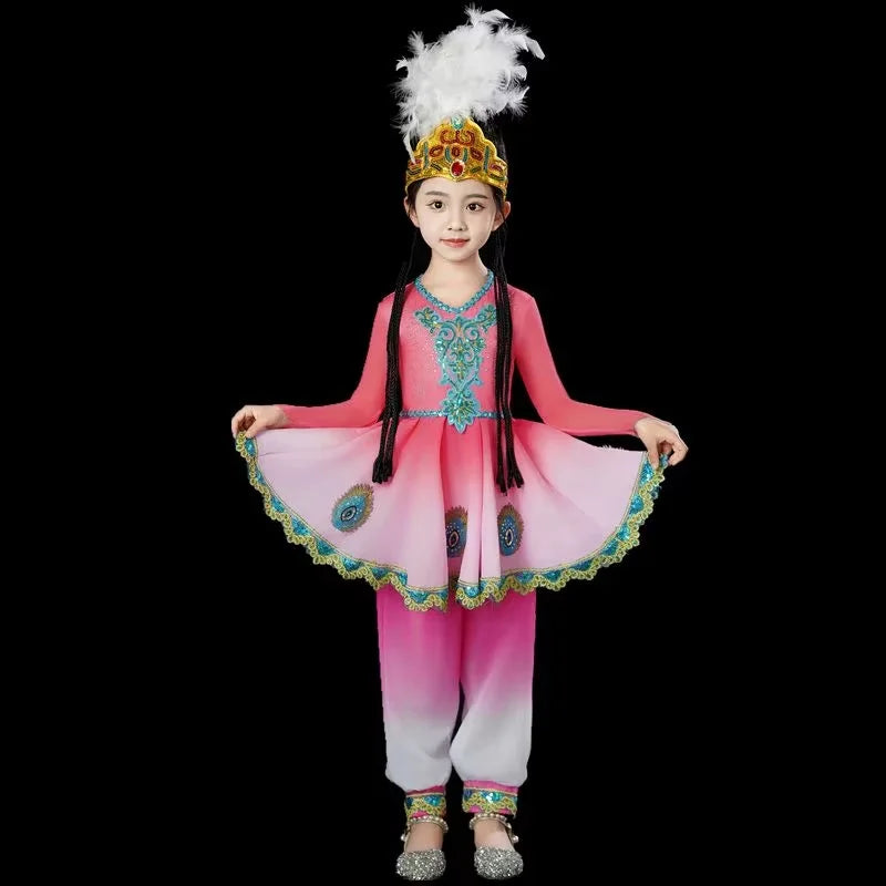 Kazakhstan Dance Costumes For Girls National Clothes Kids Halloween Carnival Clothing Stage Performance Clothing (Hat+Clothes)