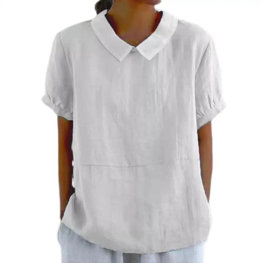 2026 Cotton Linen Women Blouse Lapel Short Sleeve Breathable Top Loose Fit Blouse Round Neck Soft Fabric Summer Blouse 80%