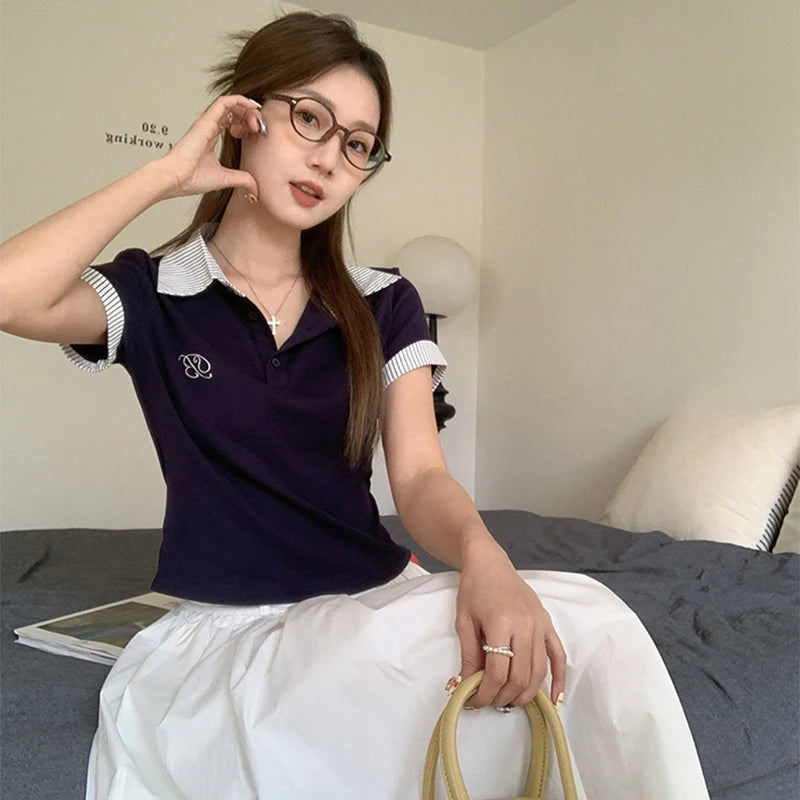 Chic Spliced Striped Lapel Short Sleeve T-Shirts Women Stylish Embroidery Buttons Navy Blue Tees Preppy Style Skinny Slim Tops
