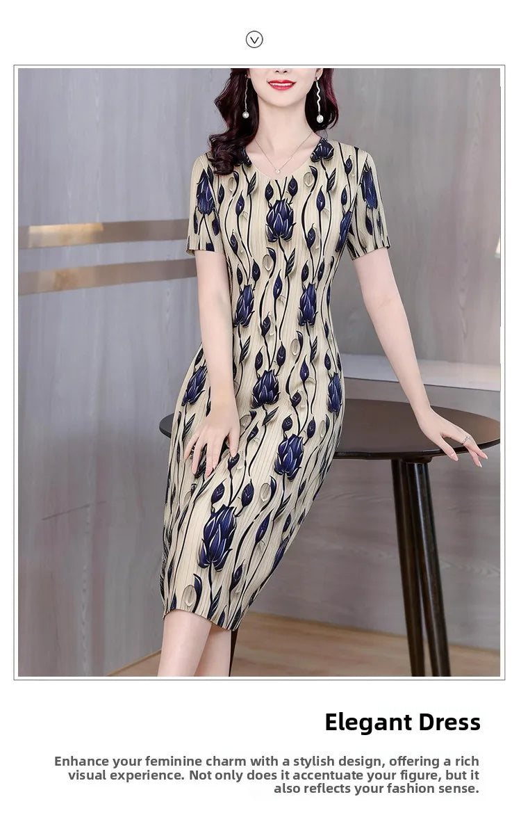 Elegant Pleated Maxi Dress for Women Summer Fashion High Waist A-Line Skirt Short Sleeve round Neck Iron-Free Business Wear