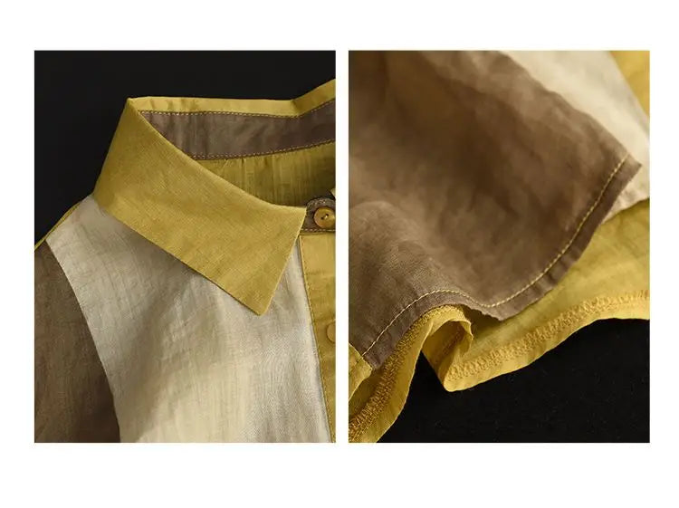 Cotton and Linen Shirt for Women Fashionable and Versatile Cardigan Lapel Top Thin Blouse Patchwork Casual Chic Female Clothes