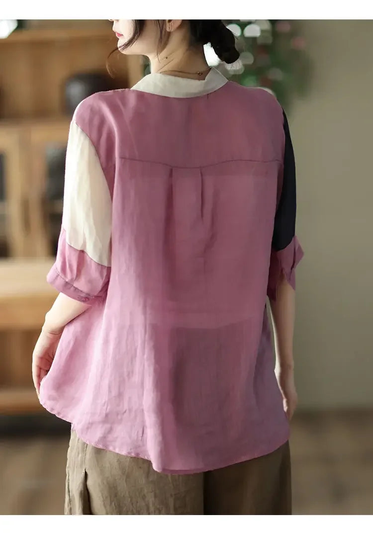Cotton and Linen Shirt for Women Fashionable and Versatile Cardigan Lapel Top Thin Blouse Patchwork Casual Chic Female Clothes