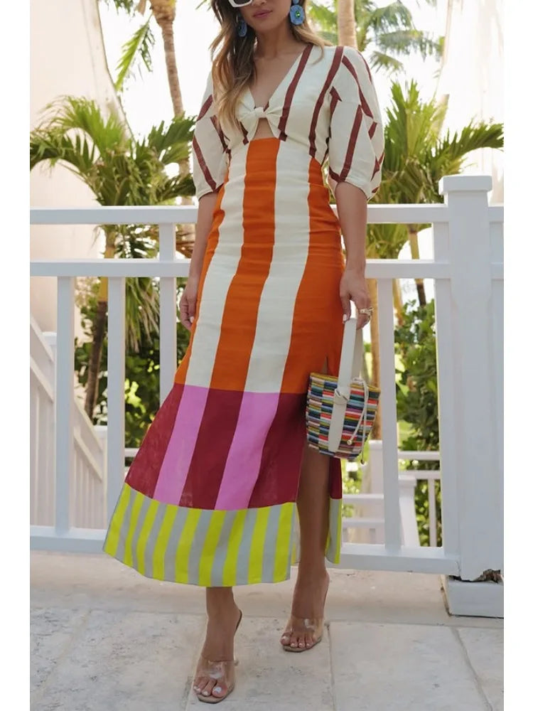 Women Fashion Linen Material Fashion Chic Print Long Party Dresses Sexy V-neck Hollow Out High Waist Party Dress Lady Robes