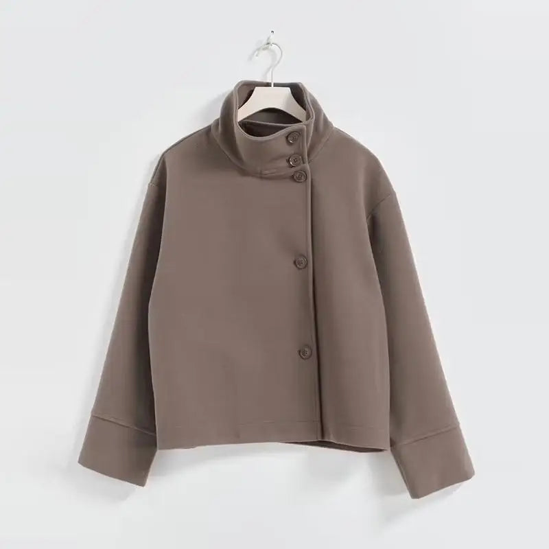 Women Fashion Stand Collar Woolen Jacket Single Breasted Long Sleeve Female Coat 2025 Autumn Chic Street Office Short Outerwears