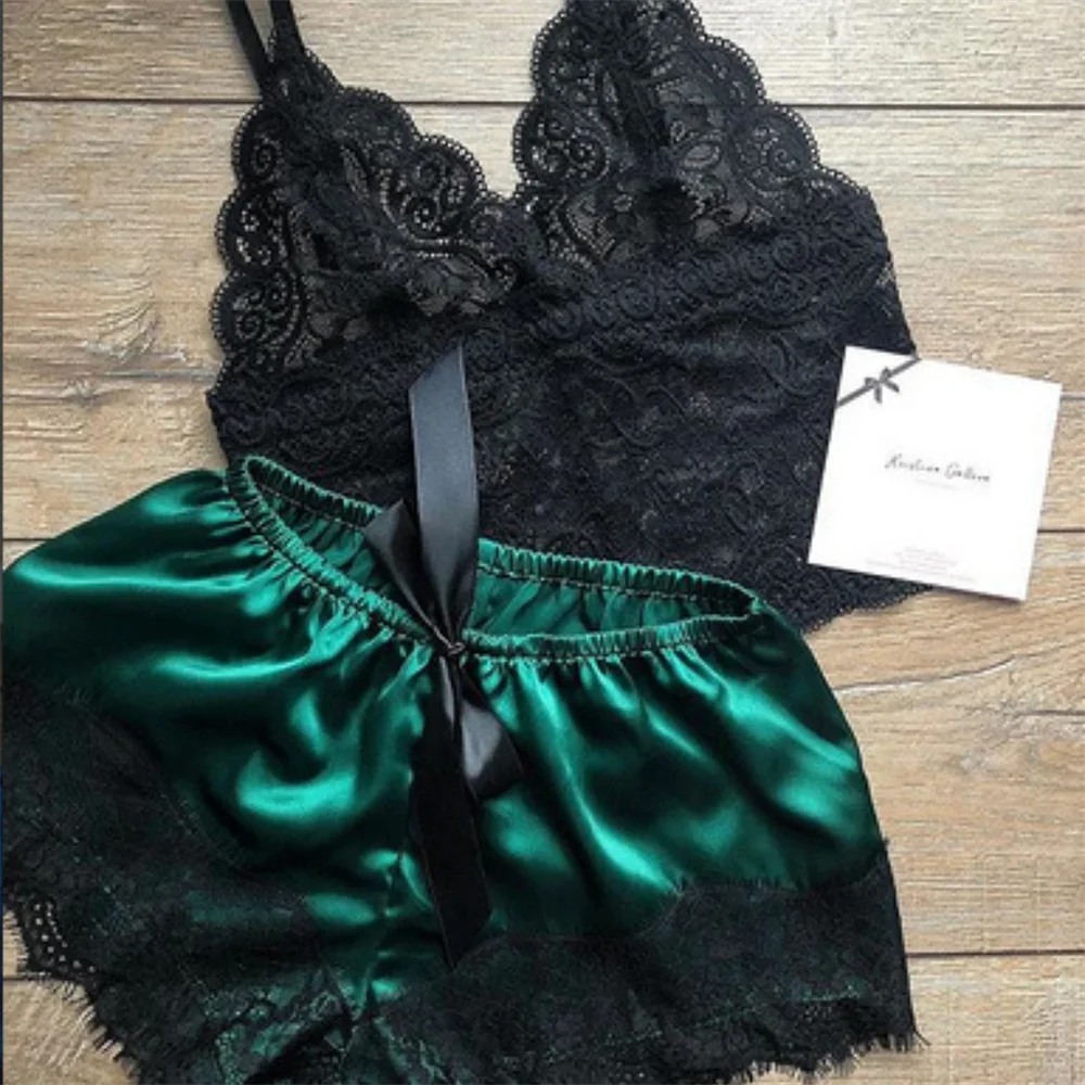 Women Pajamas Set Sexy Satin Lace Sleepwear Lingerie Ladies Elastic Suspender Shorts Nightwear Suits Sleeveless Underwear Tops