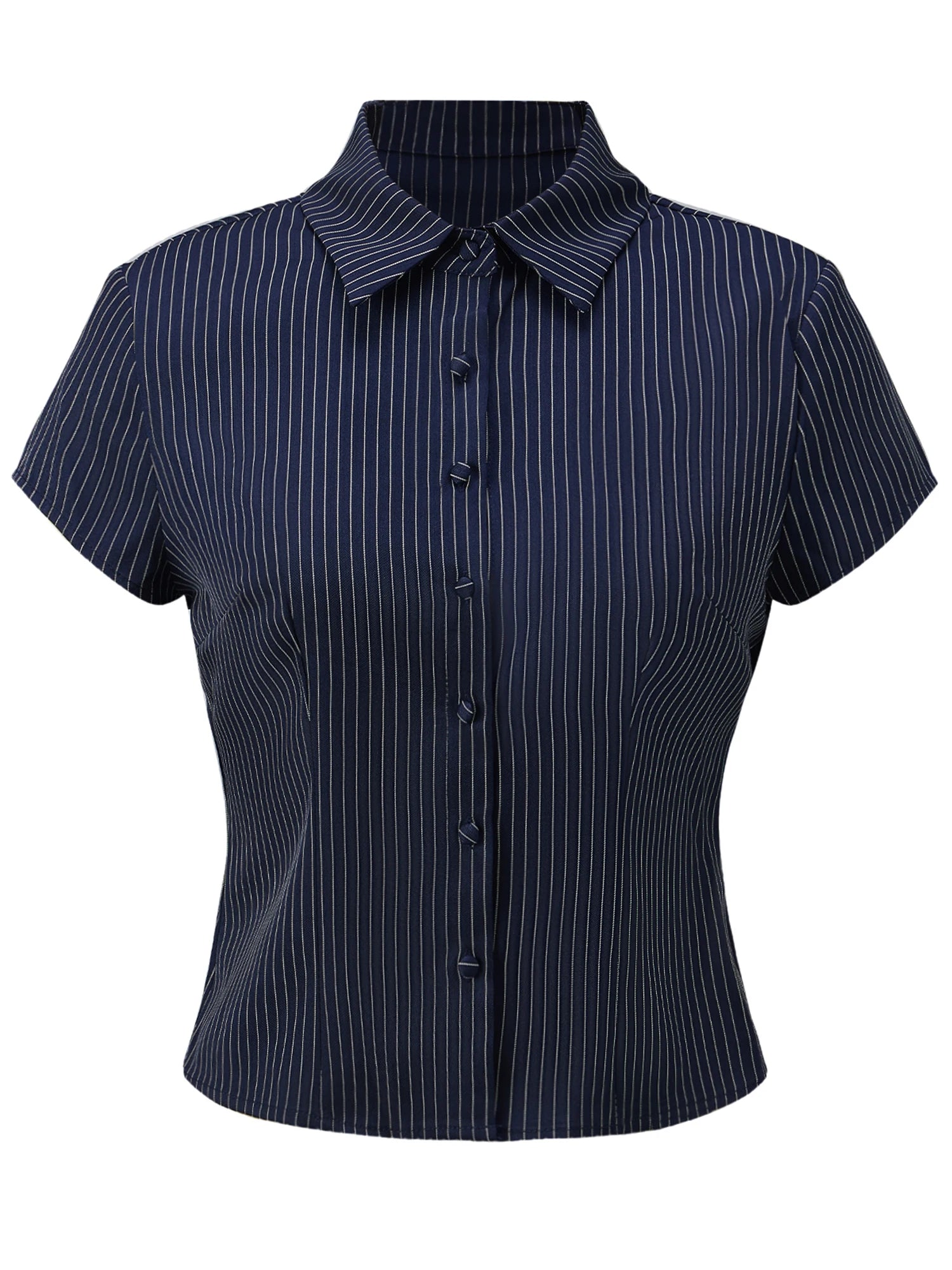 Women Button Down Slim Fit Striped Shirt Fashionable Summer Short Sleeve Turn Down Collar Tops for Casual Daily Wear