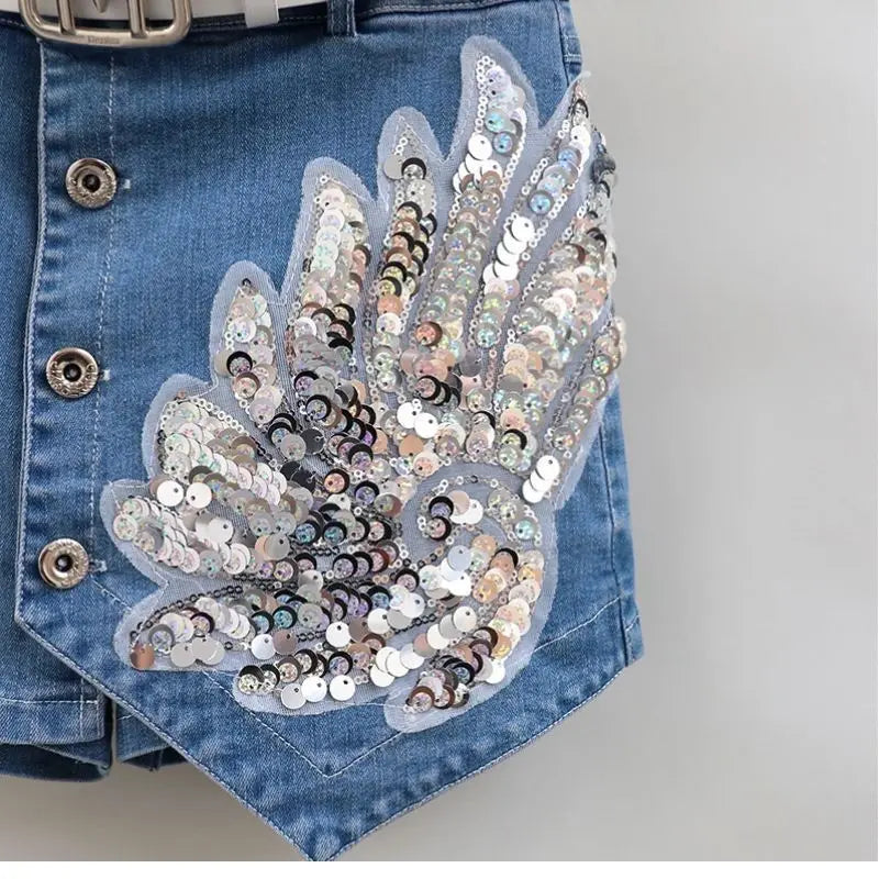Fashion Sequin Denim Short Skirt Women Spring/Summer 2025 New Korean High Waist Slim Irregular Sexy Hot Pants White Black Casual