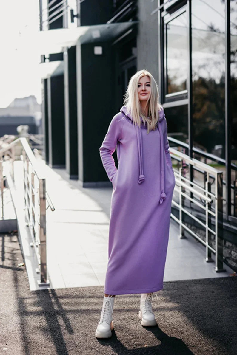 Women Fashion New Loose Large Knitted Hooded Autumn Winter Long Dress Velvet Hoodie Dress Casual Dress Splicing Warm Dress