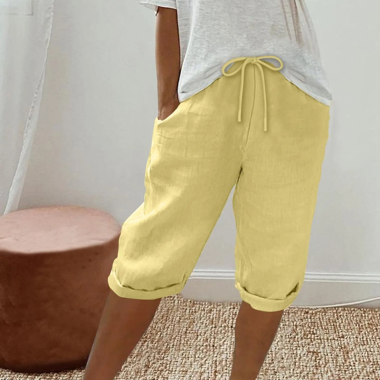 Casual Cotton Linen Pants For Female Streetwear Solid Color Wide Leg Capri Versatile Palazzo Pants Baggy Cargo Pants With Pocket