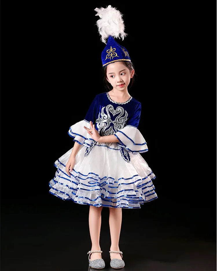 Kazakhstan Dance Costumes For Girls National Clothes Kids Halloween Carnival Clothing Stage Performance Clothing (Hat+Clothes)