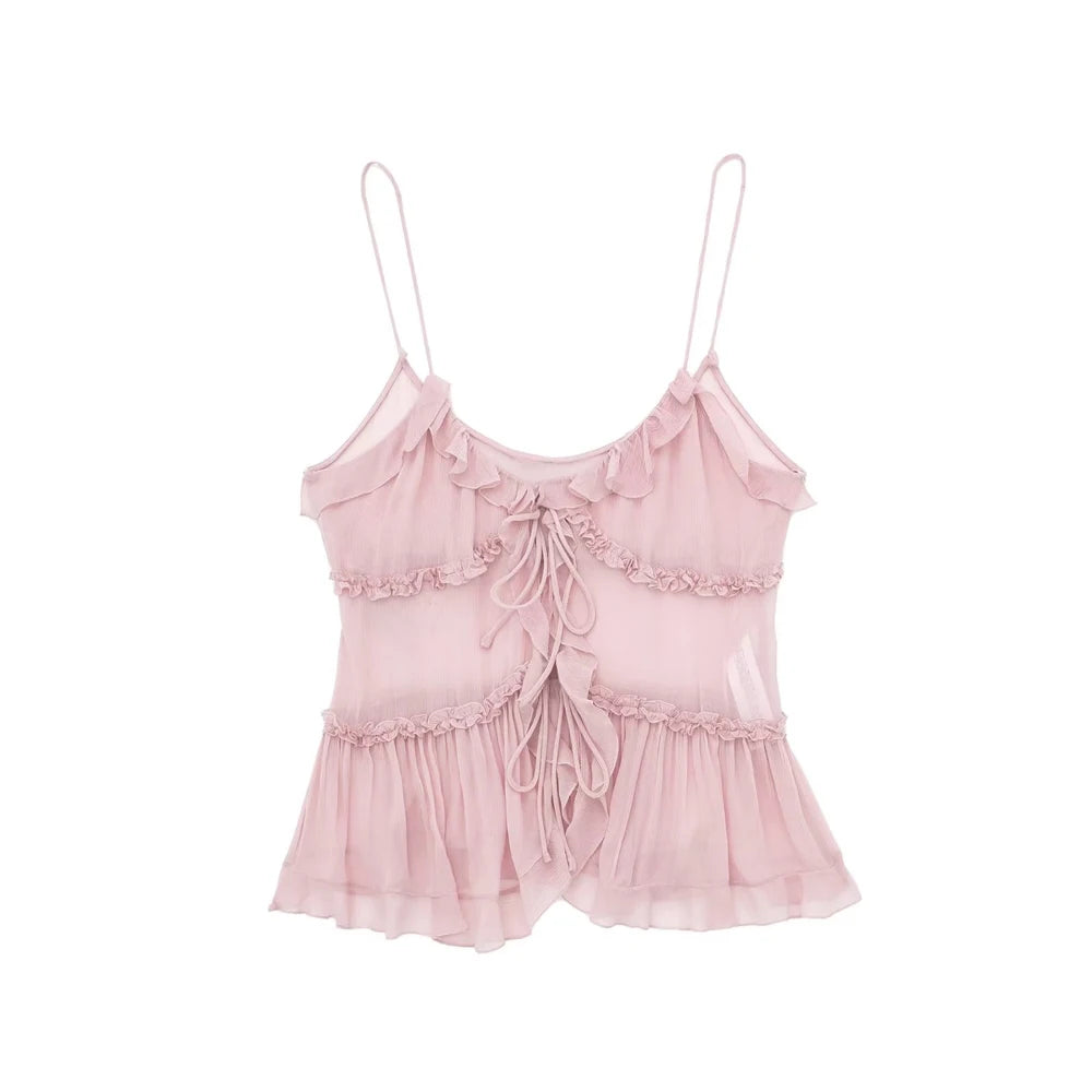 Women Fashion With Ruffled Front Tied Semi-sheer Tank Tops Sexy Backless Thin Straps Female Camis Mujer