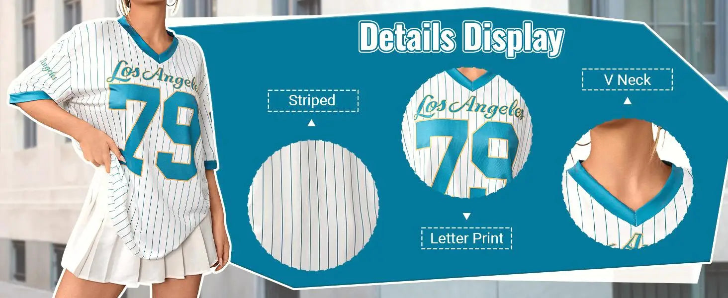 Jersey Shirts for Women Y2k Oversized T Shirt Striped Number Graphic Tees V Neck Half Sleeve Streetwear Tops