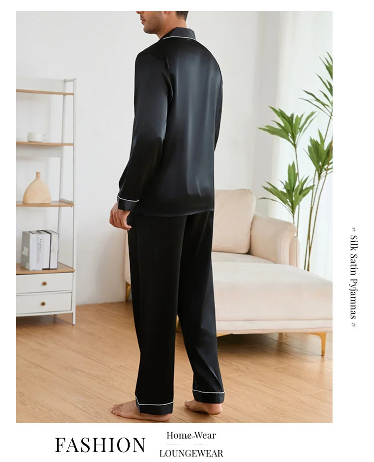 Men Sleepwear Satin Pajama Sets Long Sleeve Tops with Trousers Pajama Pj Sets Soft and Comfortable Autumn Pajamas Loungewear Set
