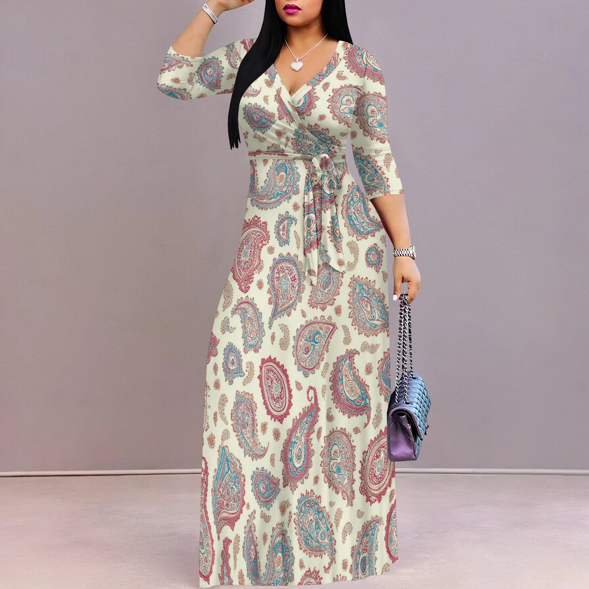 Plus Size Dresses for Women Print Maxi Dresses Flowy 3/4 Sleeve with Belt