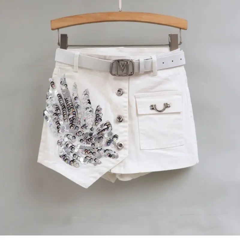 Fashion Sequin Denim Short Skirt Women Spring/Summer 2025 New Korean High Waist Slim Irregular Sexy Hot Pants White Black Casual