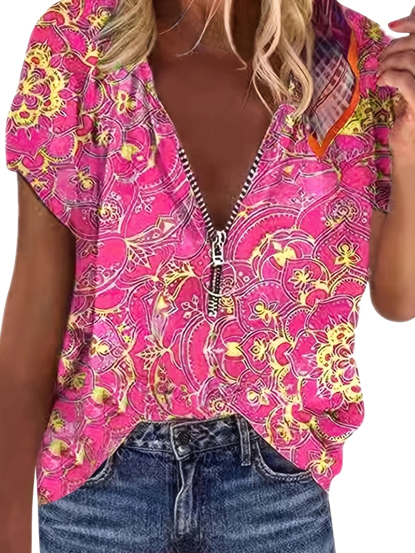 Women Fashion Short Sleeve Printed Zippered Top