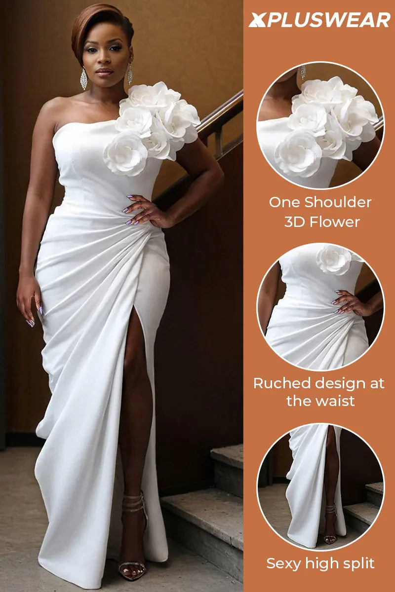 Plus Size Wedding White Elegant One Shoulder Strappy 3D Maxi Dresses