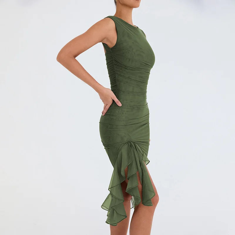 2025 Spring And Summer Sleeveless Dresses Women New Fashion Mesh Tight Solid Color Elegant Temperament Irregular Hem Vestidos