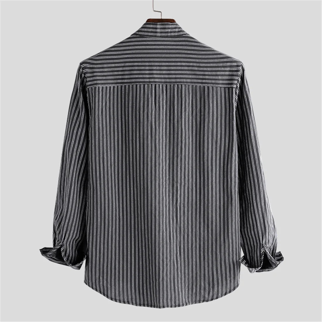 British Style Striped Cotton Linen Shirts For Men Long Sleeve Stand Collar Tops Spring Autumn Fashion Comfort Shirts Streetwear