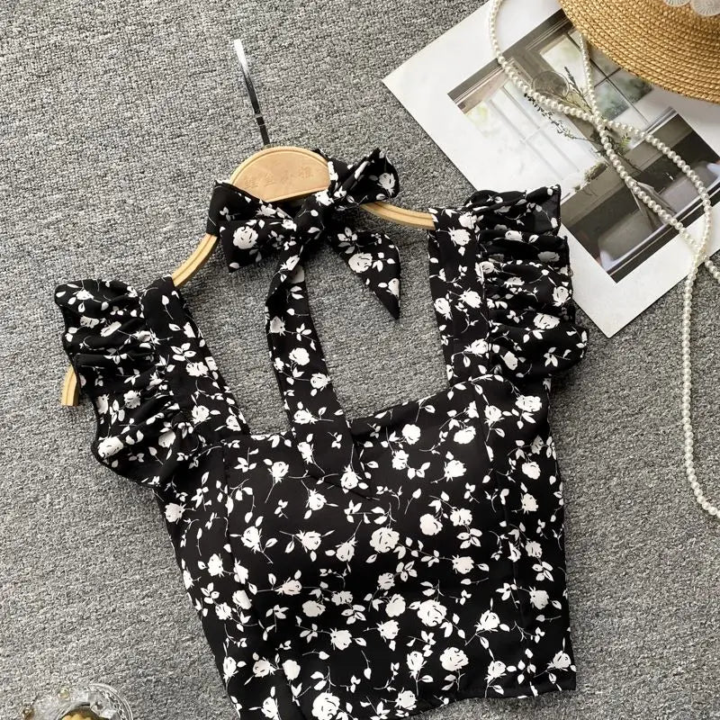 Crop Tops Camis Women Ruffles Sexy Elegant Simple Streetwear Vintage Summer Holiday Casual Young Aesthetic All-match Ulzzang New