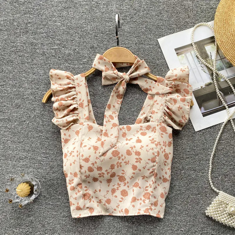 Crop Tops Camis Women Ruffles Sexy Elegant Simple Streetwear Vintage Summer Holiday Casual Young Aesthetic All-match Ulzzang New
