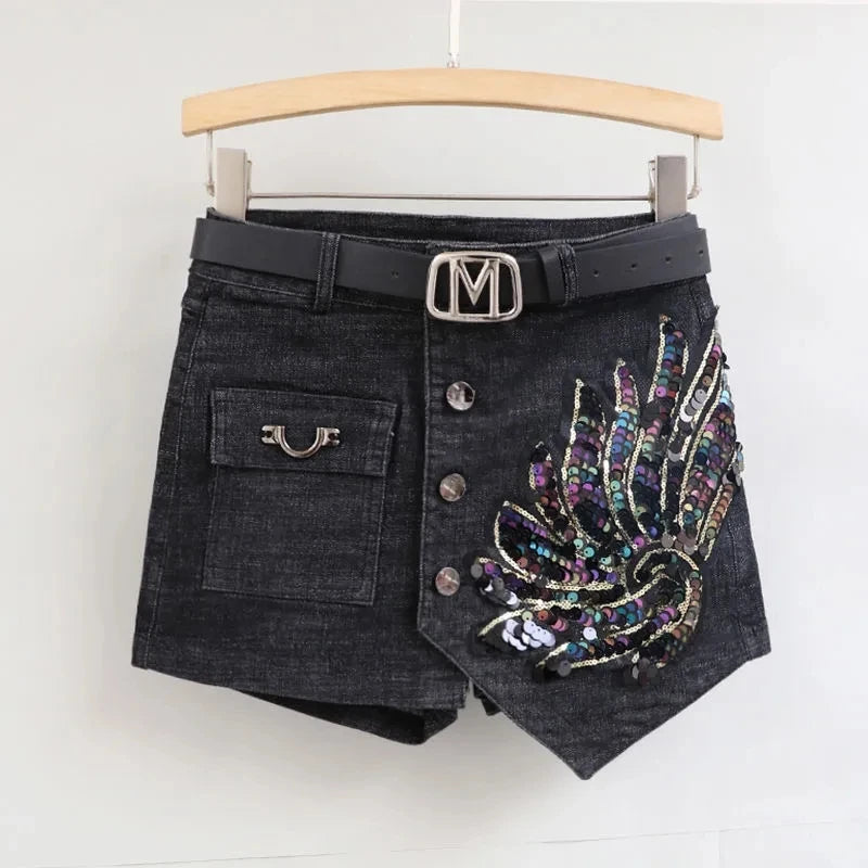 Fashion Sequin Denim Short Skirt Women Spring/Summer 2025 New Korean High Waist Slim Irregular Sexy Hot Pants White Black Casual