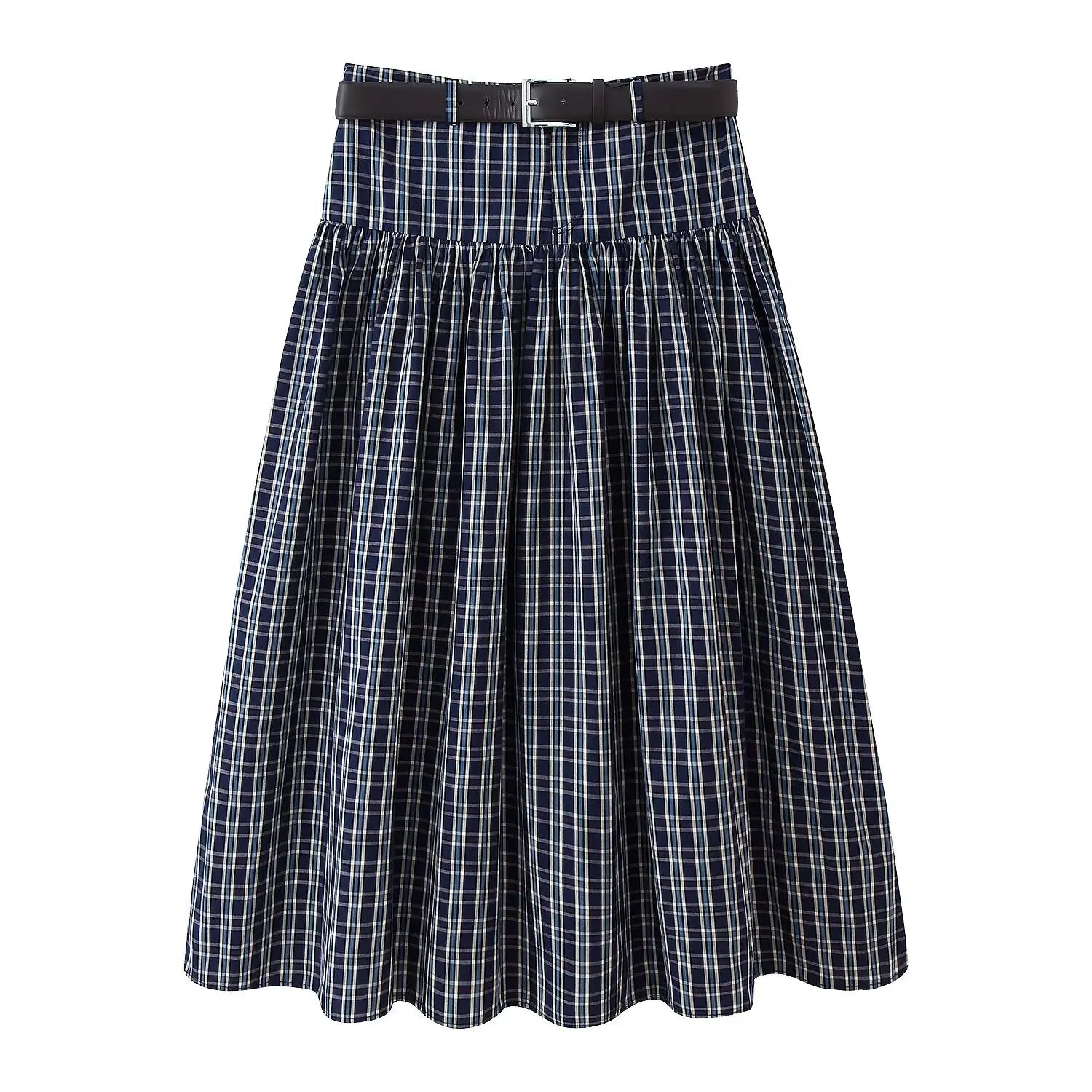 HH Woman Fashion Street Style Skirt Women Fashion Belted Plaid Midi Skirt Zipper Casual Long Skirt High Waist Chic Pleated Skirt