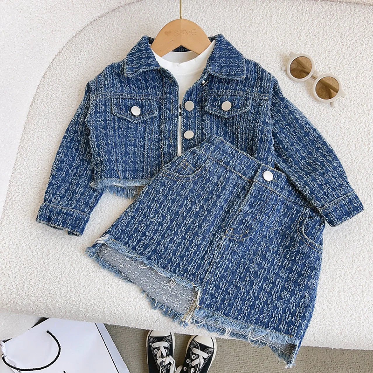Kids Boutique Clothing New Autumn 2 Pieces Sets Girls Tops Jeans Coat Turn Down Collar Short All-match Fashion Preppy Style