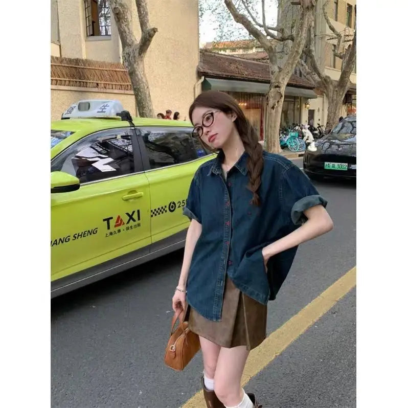 Women k Blue Denim Short Sleeve Shirt Oversized Button Down Loose Fit Casual Streetwear Top