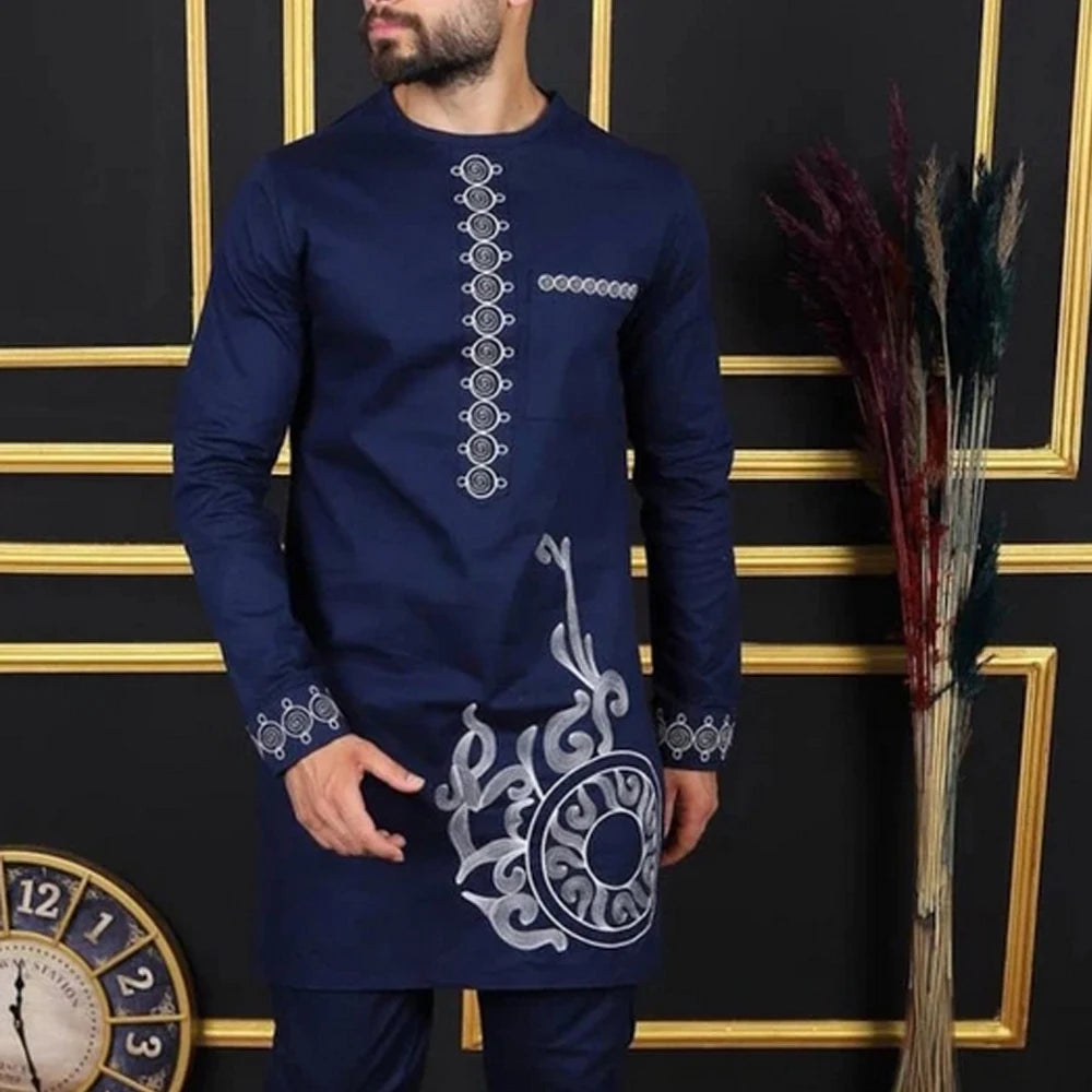 Kaftan Men Wedding Suits Groom Embroidered Pocket Top And Pants Kaunda Suit African casual Outfits Party Fashion Two-piece Set