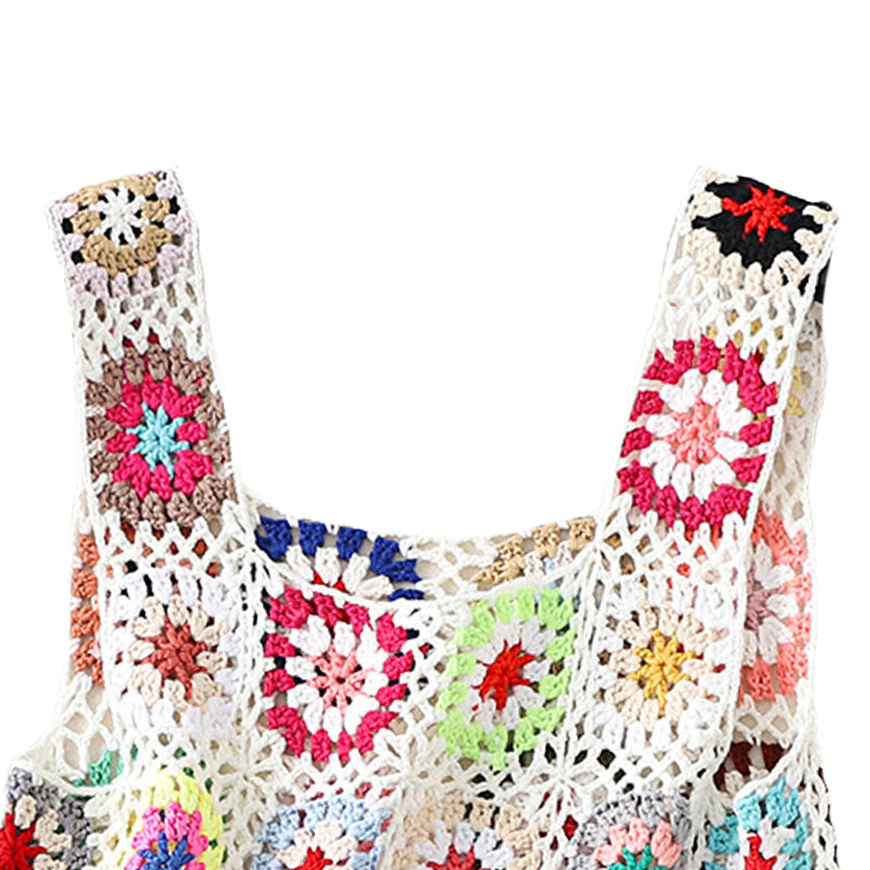 Women´s Summer Sleeveless Tops Colorful Hand Crochet Embroidery Openwork Knit Tank Tops