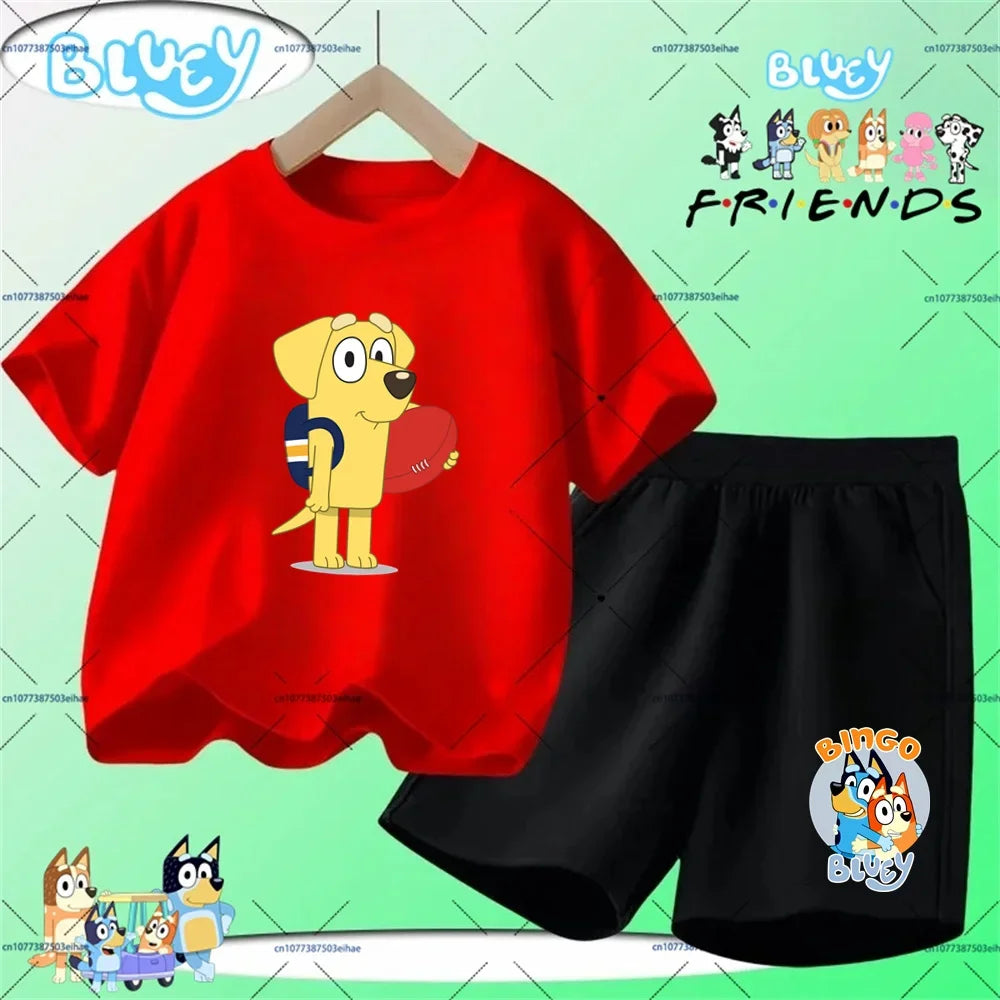 Vacation Kawaii Kids 2PCS Clothing Bluey Cartoon Print T-Shirt And Shorts Summer Casual Street Style Light Outfit Age 3-14 Years