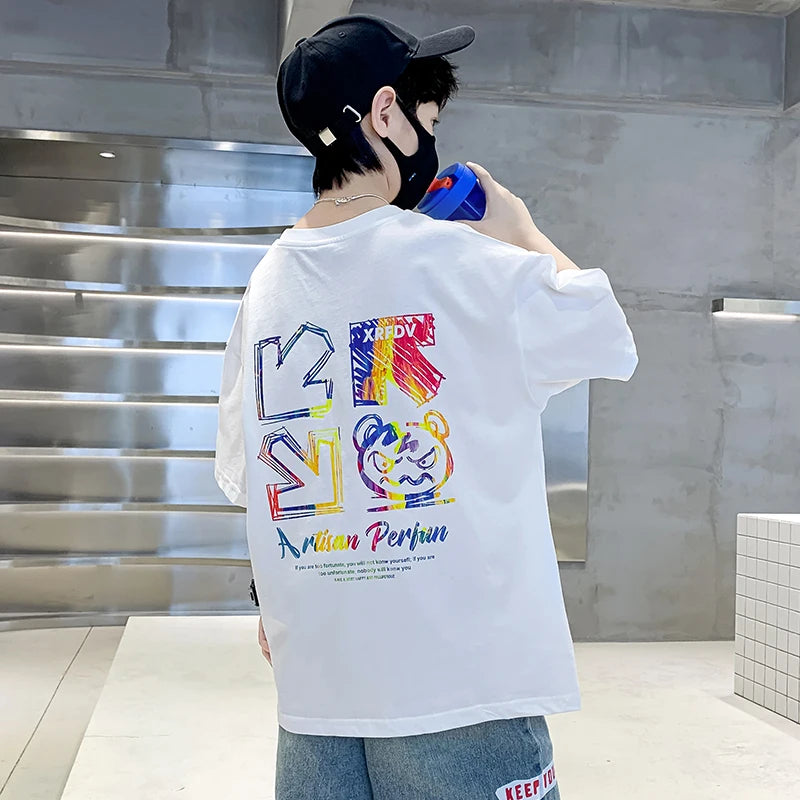 Kids Summer Clothes T-shirt for Boy Short Sleeve Cotton Tshirt Outfits Teenage Children Cartoon Print Clothing Age 5 To 14 Years