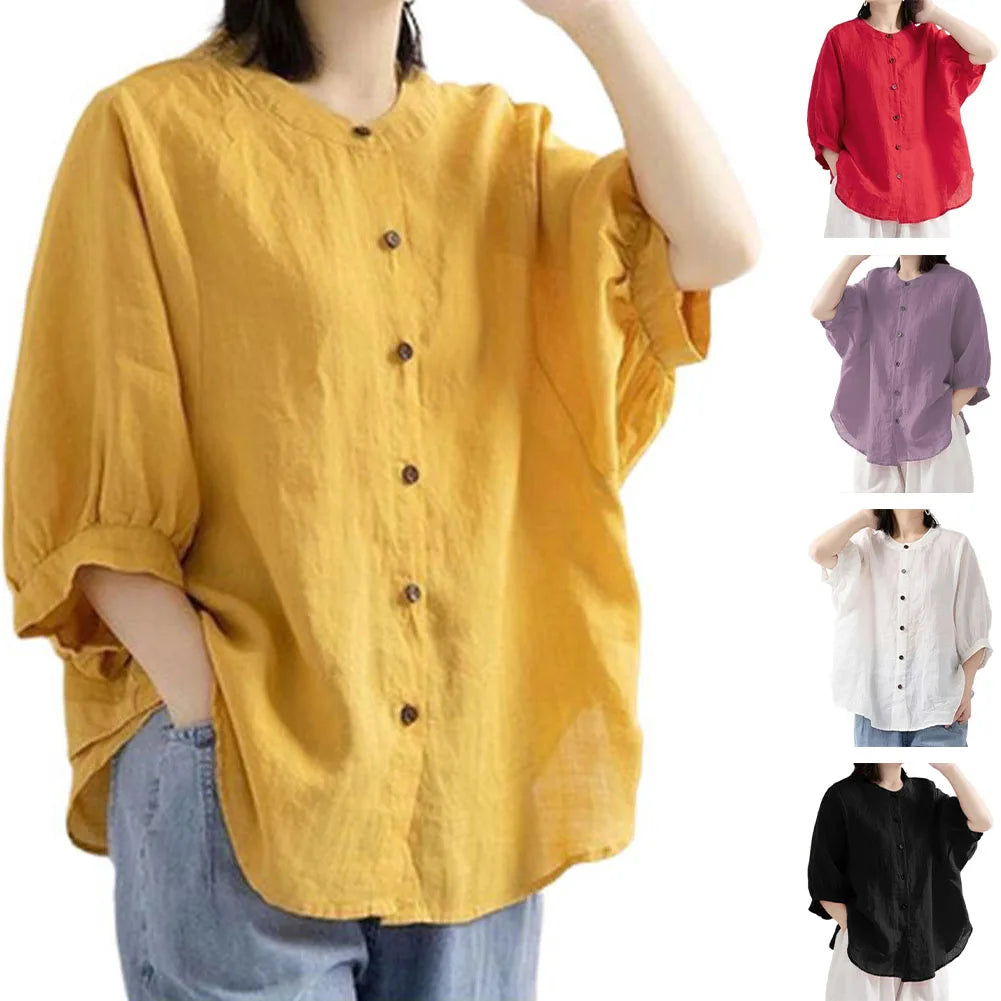 Casual Long Sleeve Cotton Linen Blouses Female Loose Fit Vintage Style Shirts Comfortable Lightweight Breathable Tops