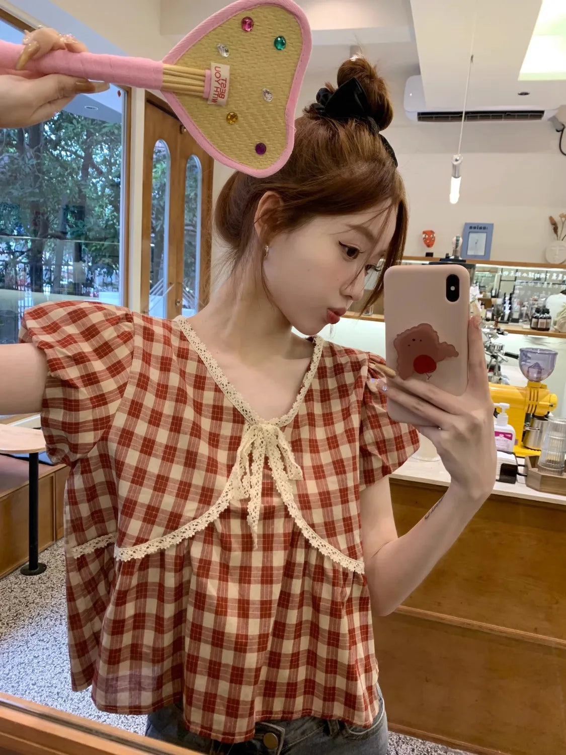 Blouses Women Plaid Vintage Literary Summer Short-sleeve Sweet Crop Tops Lace-up Aesthetic Prairie Chic Students French Style