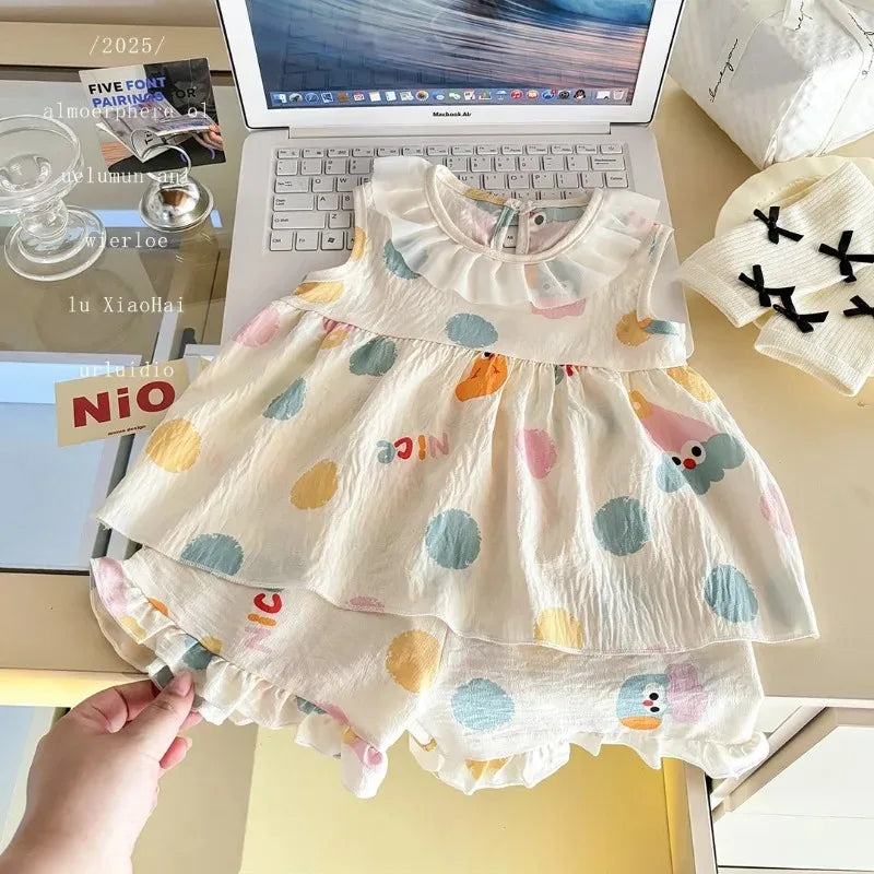Two-Piece Set Sleeveless Princess Dress with Floral Print, Summer Thin Outfit for Baby Girls Baby Girl Cute Floral Skirt